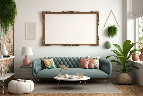 Empty blank frame mock up in a bright and cozy lounge. Generative AI illustration.