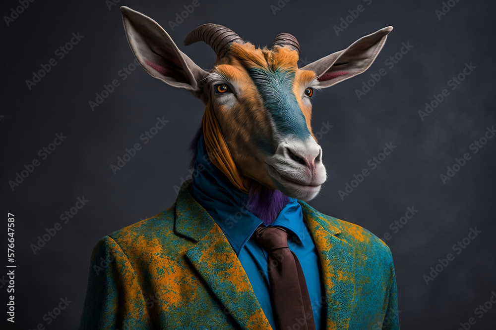 Portrait of a Goat Dressed in a Colorful Suit, Creative Stock Image of Animals in Suit. Generative AI