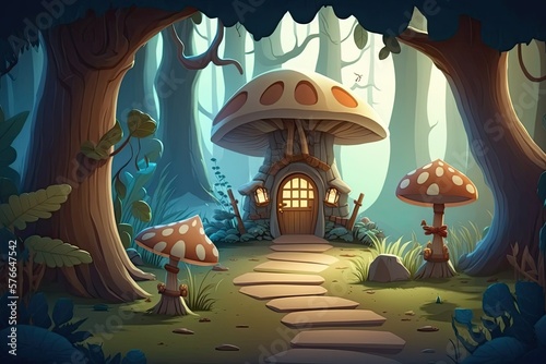 A magical fairy tale forest trail complete with wild creatures, a quaint little mushroom cottage, and a thick blanket of mist. An idea from a fairy tale. Useful as a scenery or backdrop. Generative AI