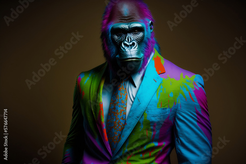 Portrait of a Gorilla Dressed in a Colorful Suit  Creative Stock Image of Animals in Suit. Generative AI