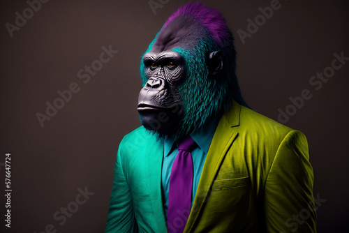 Portrait of a Gorilla Dressed in a Colorful Suit  Creative Stock Image of Animals in Suit. Generative AI