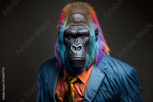Portrait of a Gorilla Dressed in a Colorful Suit, Creative Stock Image of Animals in Suit. Generative AI