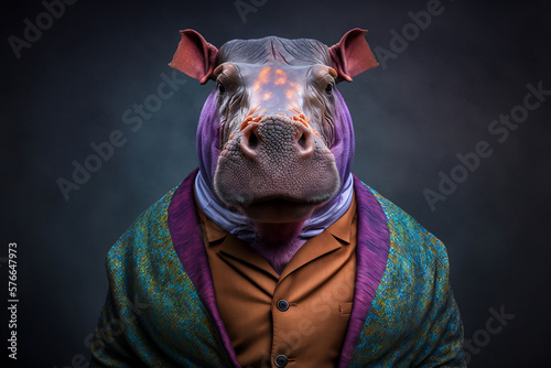 Portrait of a Hippopotamus Dressed in a Colorful Suit, Creative Stock Image of Animals in Suit. Generative AI © ShadowHero