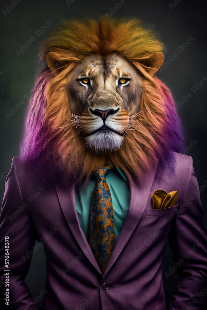 Portrait of a Lion Dressed in a Colorful Suit, Creative Stock Image of Animals in Suit. Generative AI
