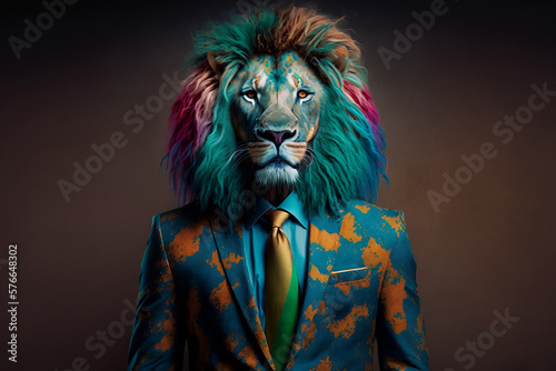 Portrait of a Lion Dressed in a Colorful Suit  Creative Stock Image of Animals in Suit. Generative AI
