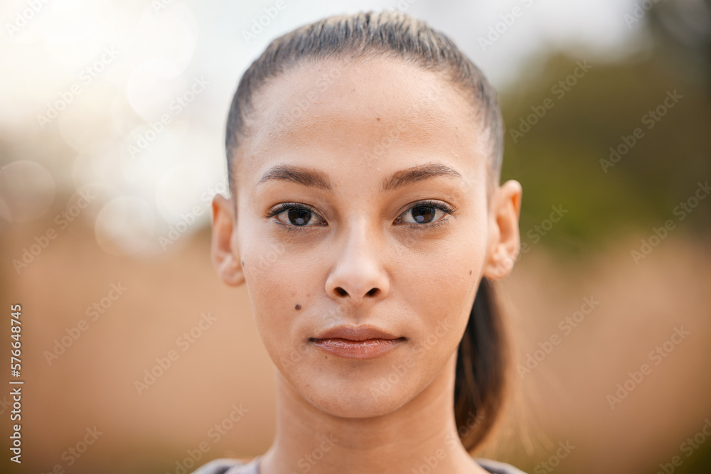 Sport, nature and portrait of woman with serious face on weekend, holiday and vacation in park. Mindset, wellness and face of girl with motivation, calm and focus for fitness, exercise or workout Sport, nature and portrait of woman with serious face on weekend, holiday and vacation in park. Mindset, wellness and face of girl with motivation, calm and focus for fitness, exercise or workout