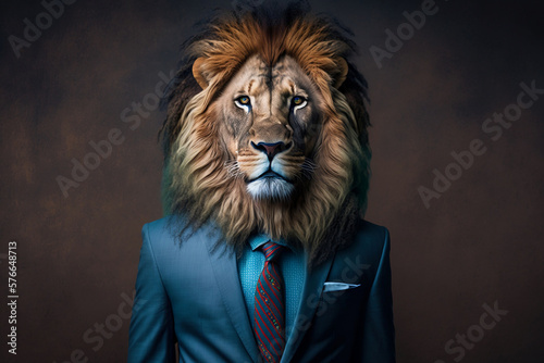 Portrait of a Lion Dressed in a Suit  Creative Stock Image of Animals in Business Suit. Generative AI