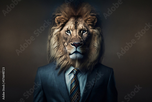 Portrait of a Lion Dressed in a Suit, Creative Stock Image of Animals in Business Suit. Generative AI