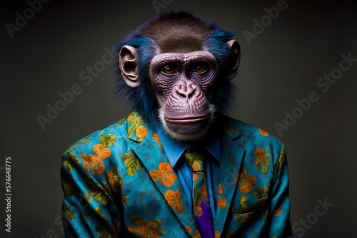 Portrait of a Monkey Dressed in a Colorful Suit, Creative Stock Image of Animals in Business Suit. Generative AI © ShadowHero
