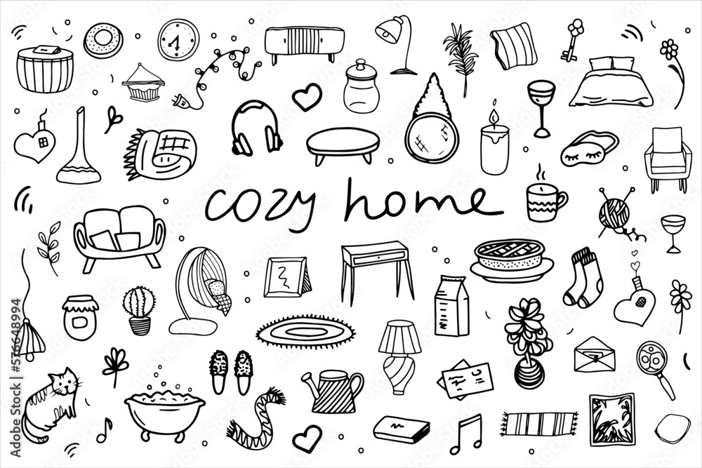 Seth is a cozy house. Interior items, things for recreation. Bed, armchair, furniture, plants, dishes. Vector black and white elements drawn by hand. .Logo, doodle, sketch, clipart, template, design