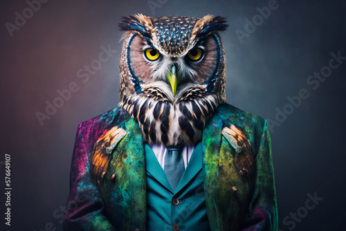 Portrait of a Owl Dressed in a Colorful Suit, Creative Stock Image of Animals in Business Suit. Generative AI