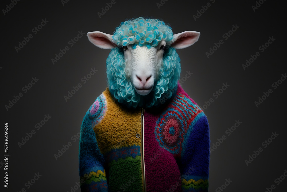 Portrait of a Sheep Dressed in a Colorful Suit, Creative Stock Image of Animals in Business Suit. Generative AI