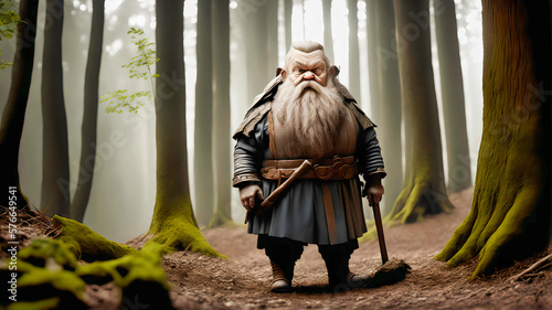closeup of photo-realistic dwarf old man with long white beard and in blue clothes walking in forest with blurry trees in background  generative AI
