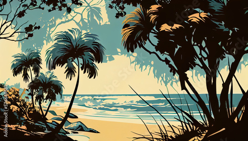 Sea and ocean, beach with palm trees. natural landscape. Seascape. Beautiful landscape of nature. generative ai © megavectors