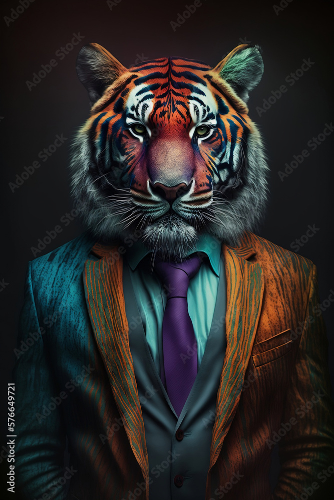 Portrait of a Tiger Dressed in a Colorful Suit, Creative Stock Image of Animals in Business Suit. Generative AI