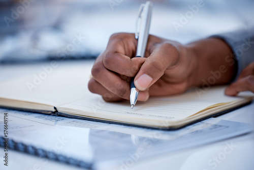 Canvas Print Business, black man and hands writing in notebook, diary and strategy ideas