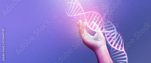 DNA concept of new ideas with Digital Virtual analysis chromosome DNA test of human in situations disease COVID-19 virus on hands in 3D illustration. Of free space for texts and creativity.