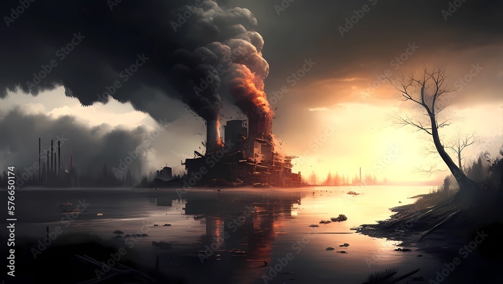 The city's environment is polluted with factory smoke. Generative AI.