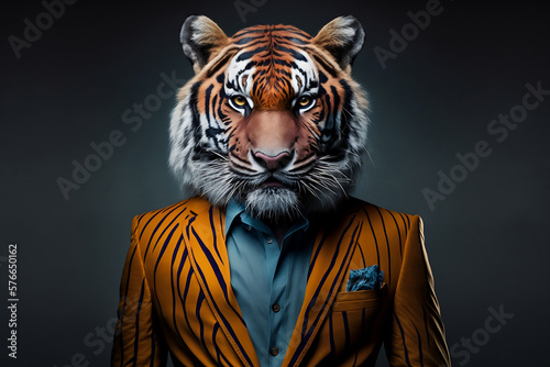 Portrait of a Tiger Dressed in a Colorful Suit, Creative Stock Image of Animals in Business Suit. Generative AI