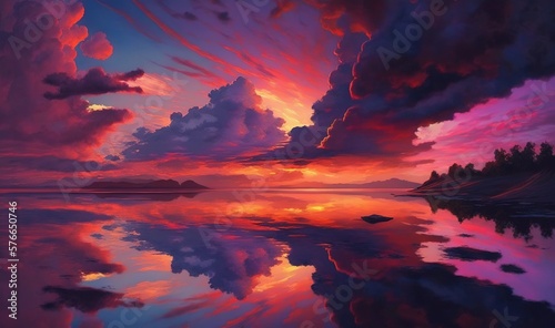  a painting of a sunset with clouds reflecting in the water. generative ai