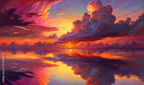 a painting of a sunset with clouds reflecting in the water. generative ai