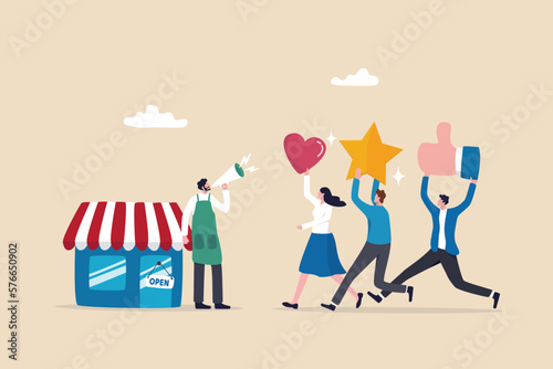 Customer loyalty or retention, marketing strategy for return customer, CRM to increase sale and satisfaction concept, store owner with megaphone tell loyalty customers with brand positive feedback. photo