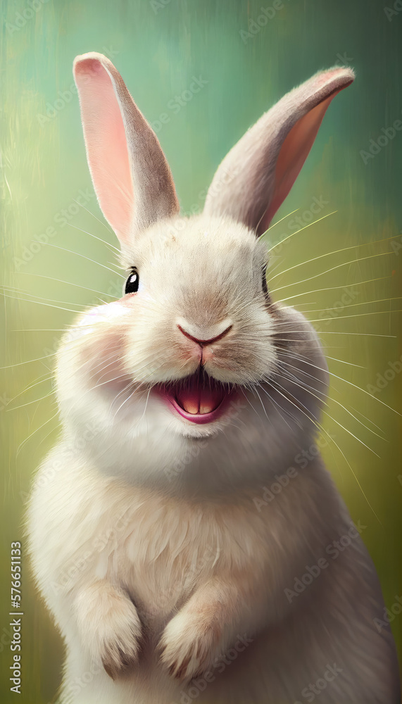 Obraz premium White rabbit smiling, green background, AI generative