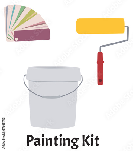 Paint roller and bucket with color sample paper.