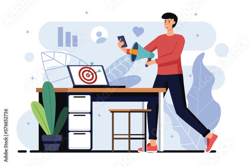 Digital marketing minimalistic concept with people scene in the flat cartoon style. Marketer advertises products in social networks and popularizes them via the Internet. Vector illustration.