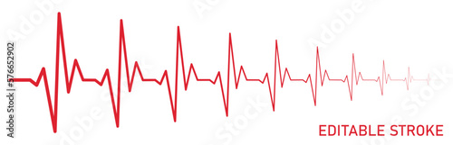 Editable stroke heart rhythm descending diagram, red EKG, cardiogram, heartbeat line vector design to use in healthcare, healthy lifestyle, medical laboratory, cardiology project. 