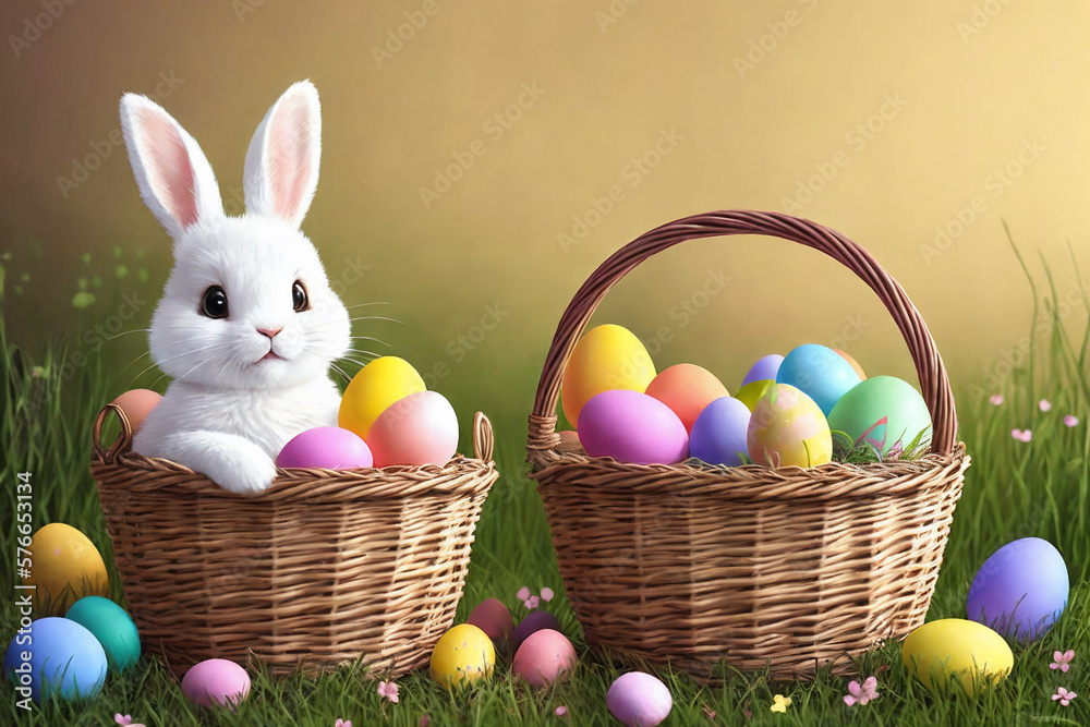 Happy Easter smiling bunny in a basket with Easter eggs. Generative AI Happy Easter smiling bunny in a basket with Easter eggs. Generative AI