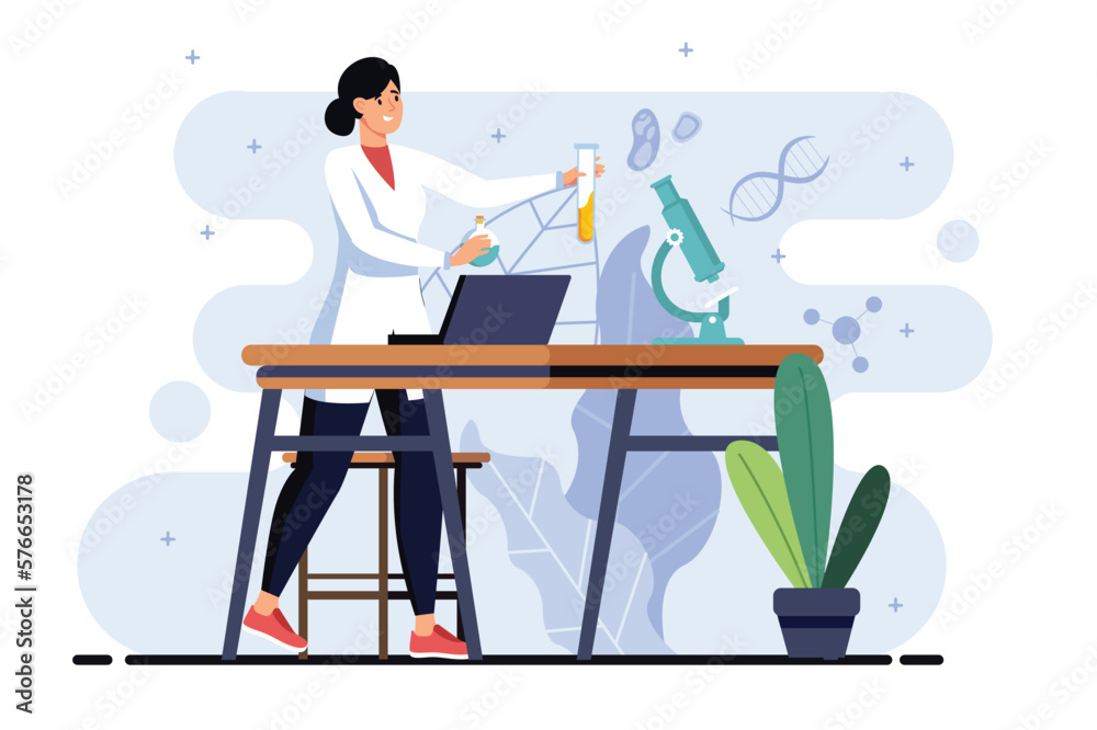 Science lab minimalistic concept with people scene in the flat cartoon design. Young scientist conducts experiments in a chemical laboratory. Vector illustration. Science lab minimalistic concept with people scene in the flat cartoon design. Young scientist conducts experiments in a chemical laboratory. Vector illustration.