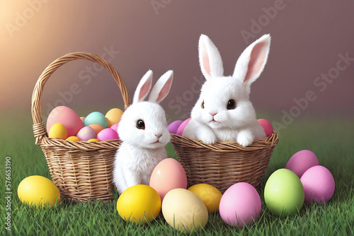 Happy Easter smiling bunnies in a basket with Easter eggs. Generative AI