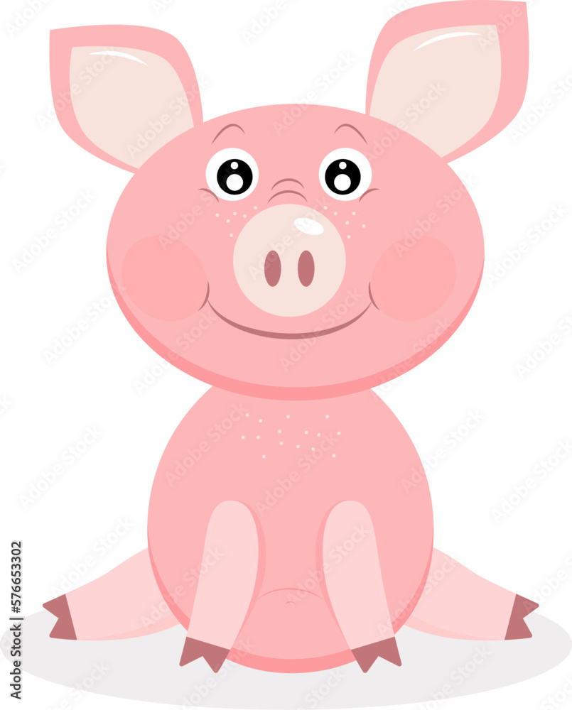 Fototapeta premium A cute pink pig sits on a white background. Vector illustration of a character in cartoon style.