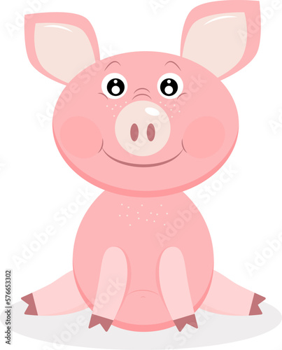 A cute pink pig sits on a white background. Vector illustration of a character in cartoon style.