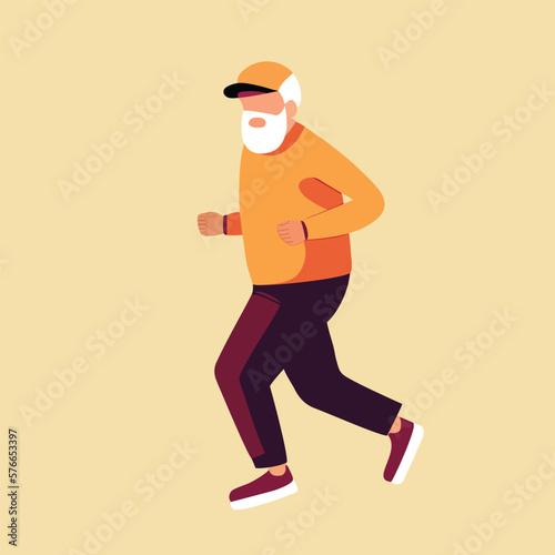 Senior man grandpa with gray hair beard in sports uniform jogging. Disease dementia prevention quality of life social involvement healthy lifestyle concept