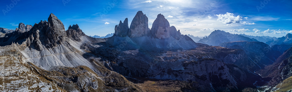 Exciting view of the three peaks of Lavaredo and Monte Paterno. Dream Dolomites.