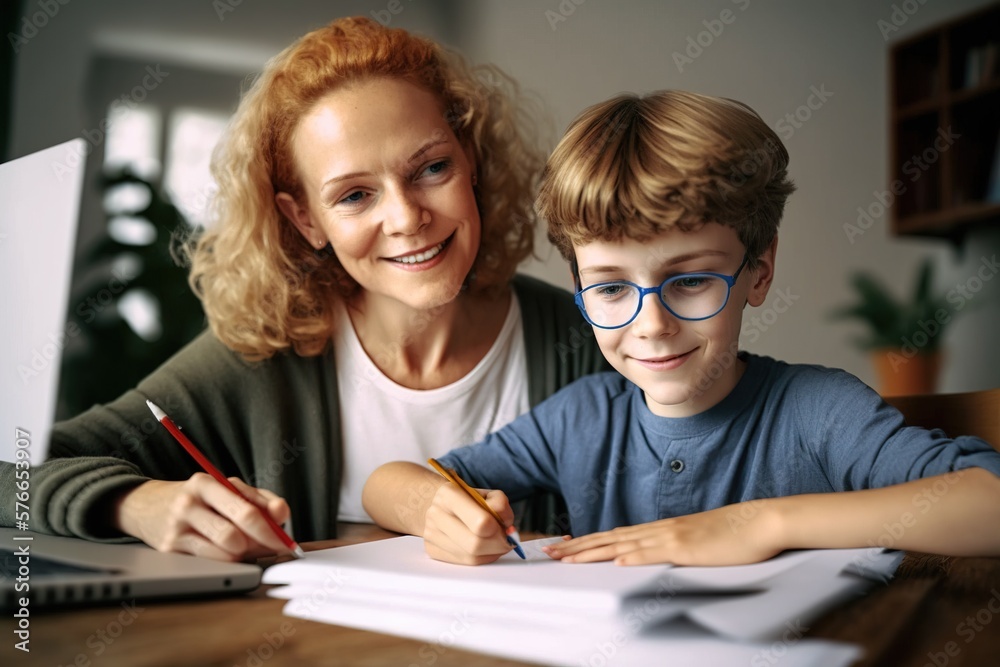 A mother helps her son complete his homework at home. Ai generated. A mother helps her son complete his homework at home. Ai generated.