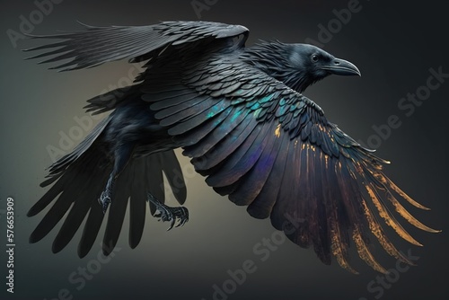 A raven flying and flapping its wings on black background. Ai generated.