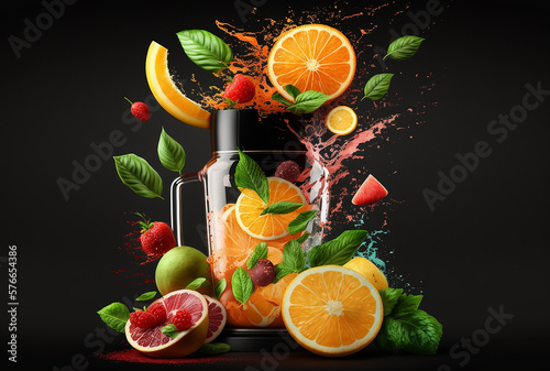 Blender with fruit flying, isolated on black background, fruit juice and splash. Generataive AI