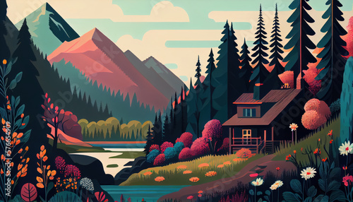 Natural landscape illustration, trees, forest, mountains, flowers, plants, houses. Beautiful landscape of nature. generative ai