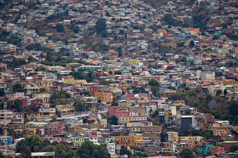 Aerial view of Valparaiso Chile colorful houses on the hill