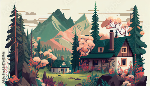 Natural landscape illustration, trees, forest, mountains, flowers, plants, houses. Beautiful landscape of nature. generative ai