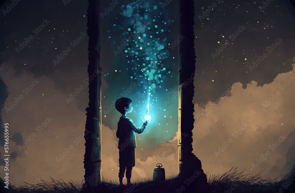 fantasy scene of the kid holding a lantern and looking at the stars-dimensional window, digital art style, illustration painting, Generative AI