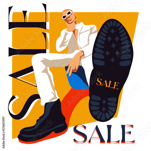 A modern fashionable guy in big boots with a raised sole. Perspective. Discount, Black Friday or seasonal sale, promotion. A bright, modern advertising banner with a fashionable sale of stylish things