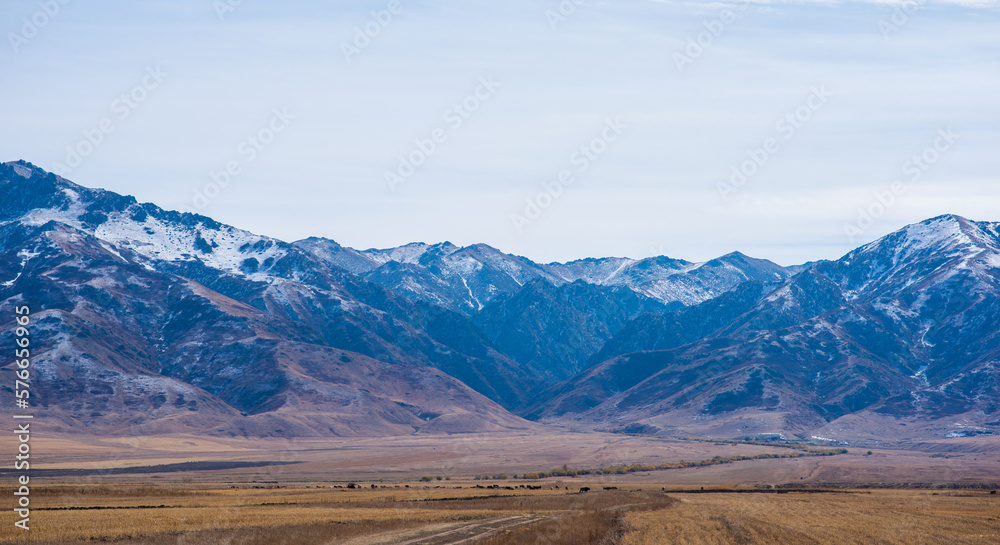Panoramic view of the mountainside illuminated by the sun in the rocky mountains. The glow of the sun illuminates the autumn colors, along with the first snow found high in the mountain peaks.