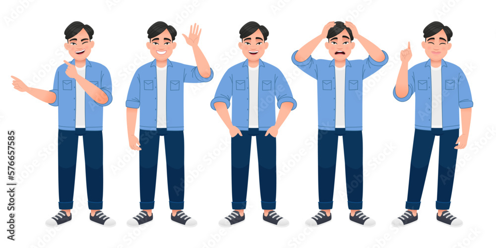 Obraz premium Full-length man is a set of characters. A white man is standing and waving his hand, pointing at something, clutching his head in horror. A young Chinese man in a blue shirt, white T-shirt and jeans