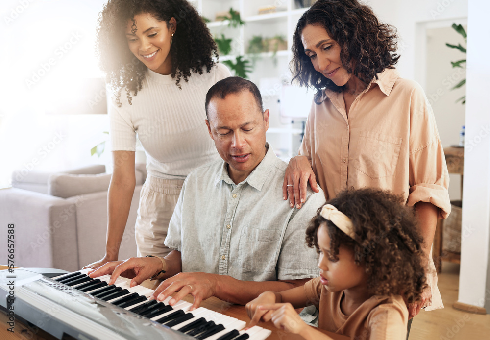 Family, keyboard piano and playing music with grandparents, mother and  child with people bonding. Happiness, relationship and generations,  teaching and learning, creativity and musical instrument Stock Photo |  Adobe Stock