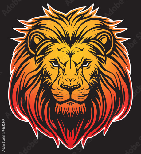 Lion head line art vector illustration isolated on dark background. Lion face with mane hair logo design.