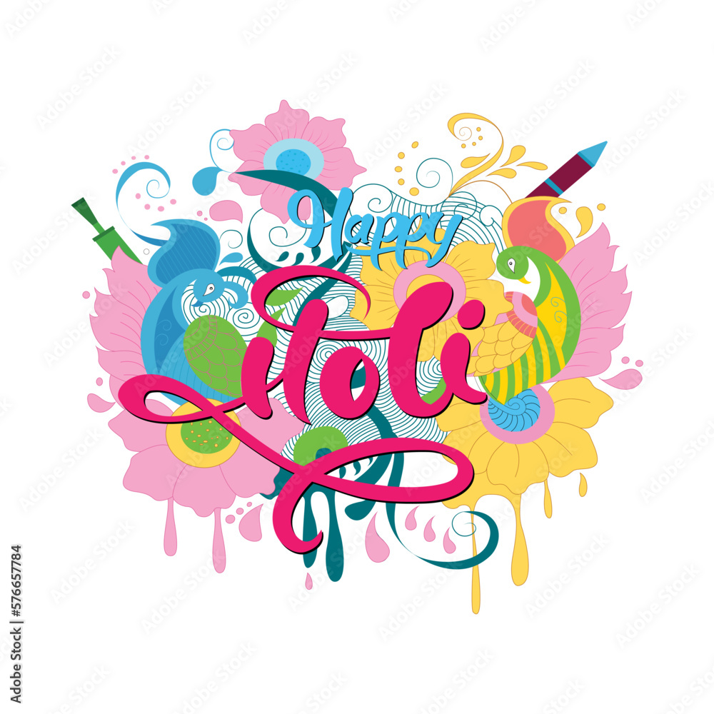 Creative banner of Holi Festival celebration. Colorful background People palaying with Gulal, pichkari, traditional pot and text Happy holi